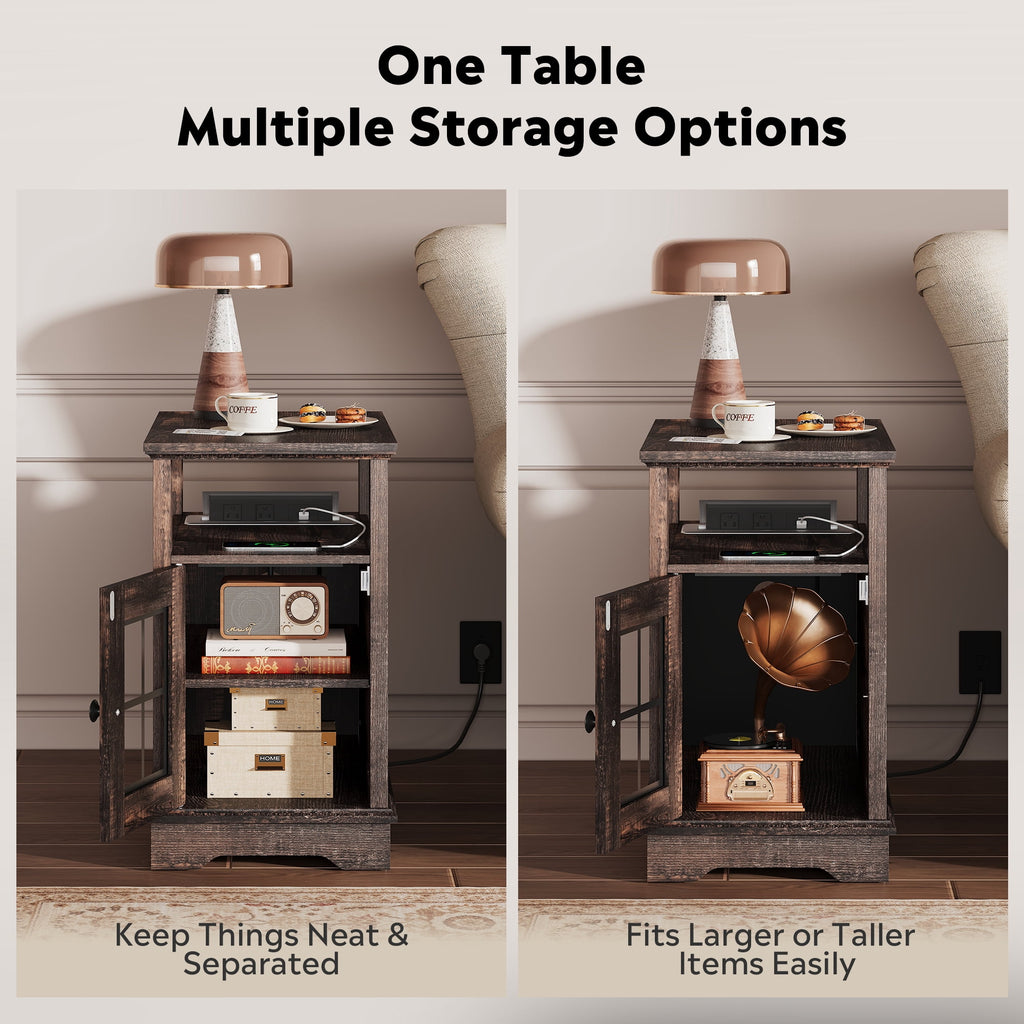 GALAXHERO Farmhouse End Table with Charging Station Narrow Side Table for Living Room Night Stand with Storage, Nightstand with USB Ports and Outlets for Bedroom