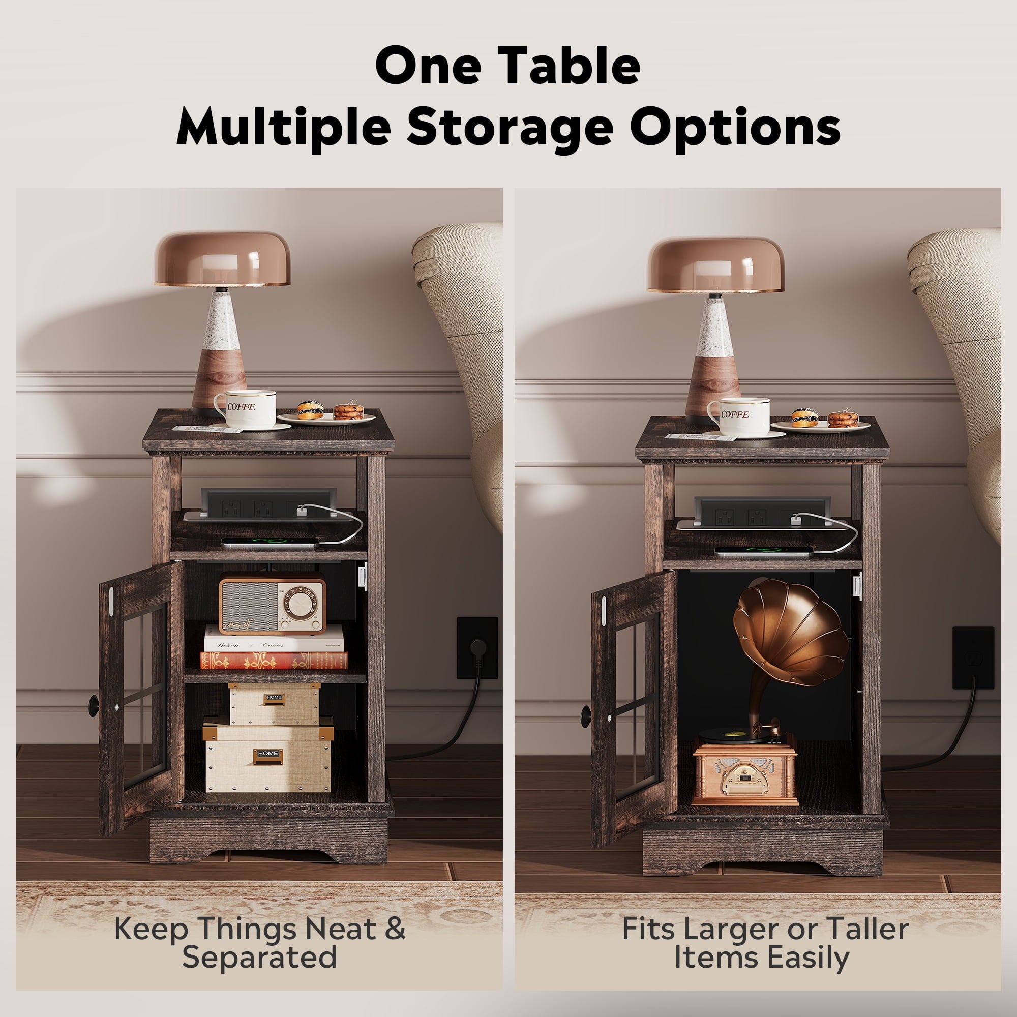 GALAXHERO Farmhouse End Table with Charging Station Narrow Side Table for Living Room Night Stand with Storage, Nightstand with USB Ports and Outlets for Bedroom