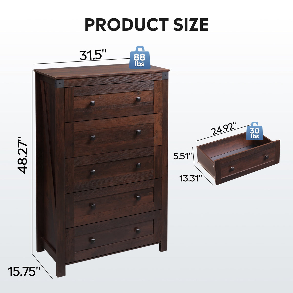 GALAXHERO Farmhouse 5 Drawer Dresser, Tall Dresser with Double Rustic Handles, Wood Chest of Drawers for Bedroom, Living Room, Hallway