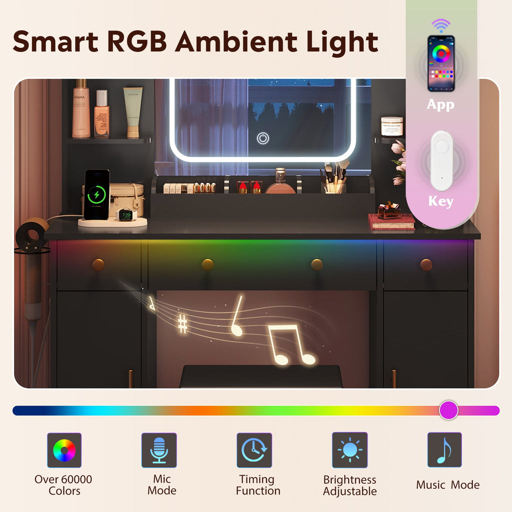 GALAXHERO White Vanity Desk with Lighted Mirror and Chair, RGB Lights, Charging Station, Makeup Table with 3 Drawers and 2 Cabinets, Vanity Stools with Storage for Bedroom