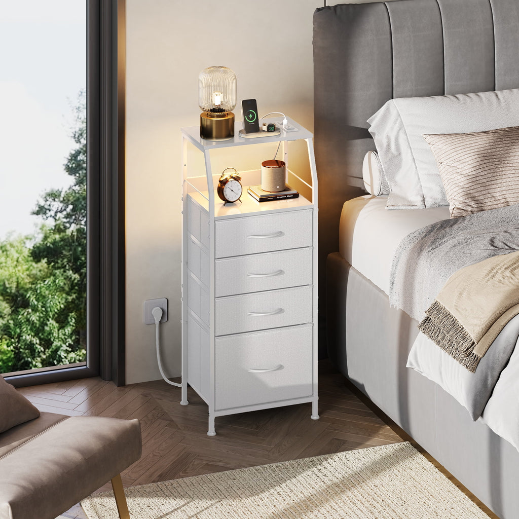 GALAXHERO Nightstand with Charging Station and LED, White Tall Night Stand, 4 Drawers Bedside Table with Storage Shelfs for Bedroom, Living Room