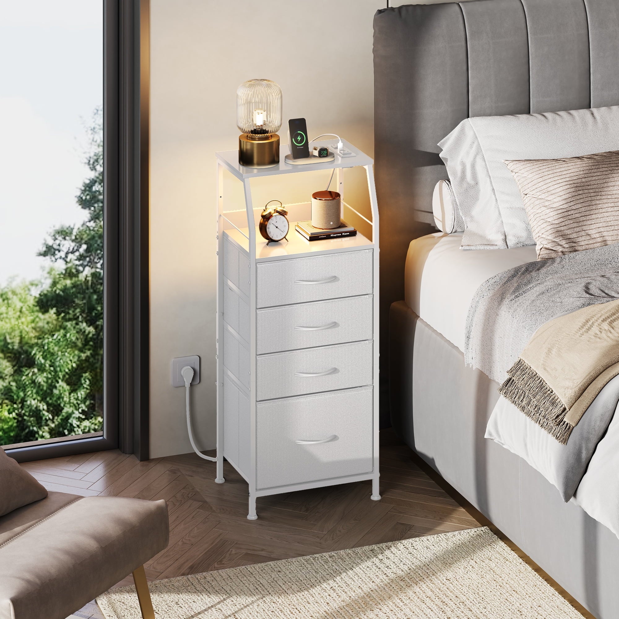 GALAXHERO Nightstand with Charging Station and LED, White Tall Night Stand, 4 Drawers Bedside Table with Storage Shelfs for Bedroom, Living Room