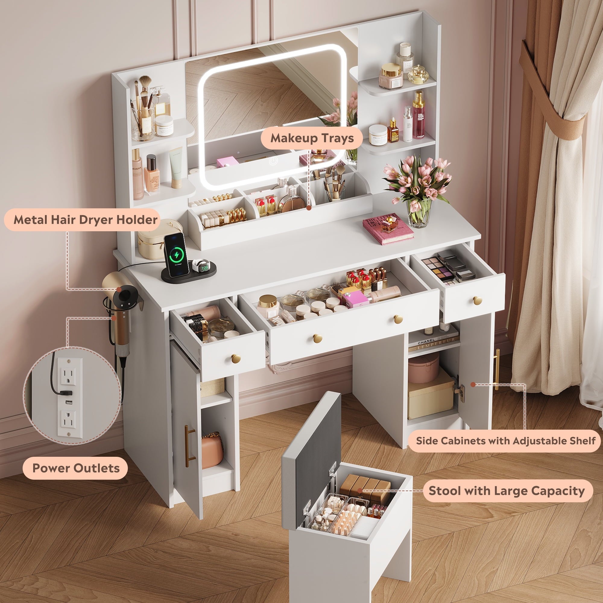 GALAXHERO White Vanity Desk with Lighted Mirror and Chair, RGB Lights, Charging Station, Makeup Table with 3 Drawers and 2 Cabinets, Vanity Stools with Storage for Bedroom