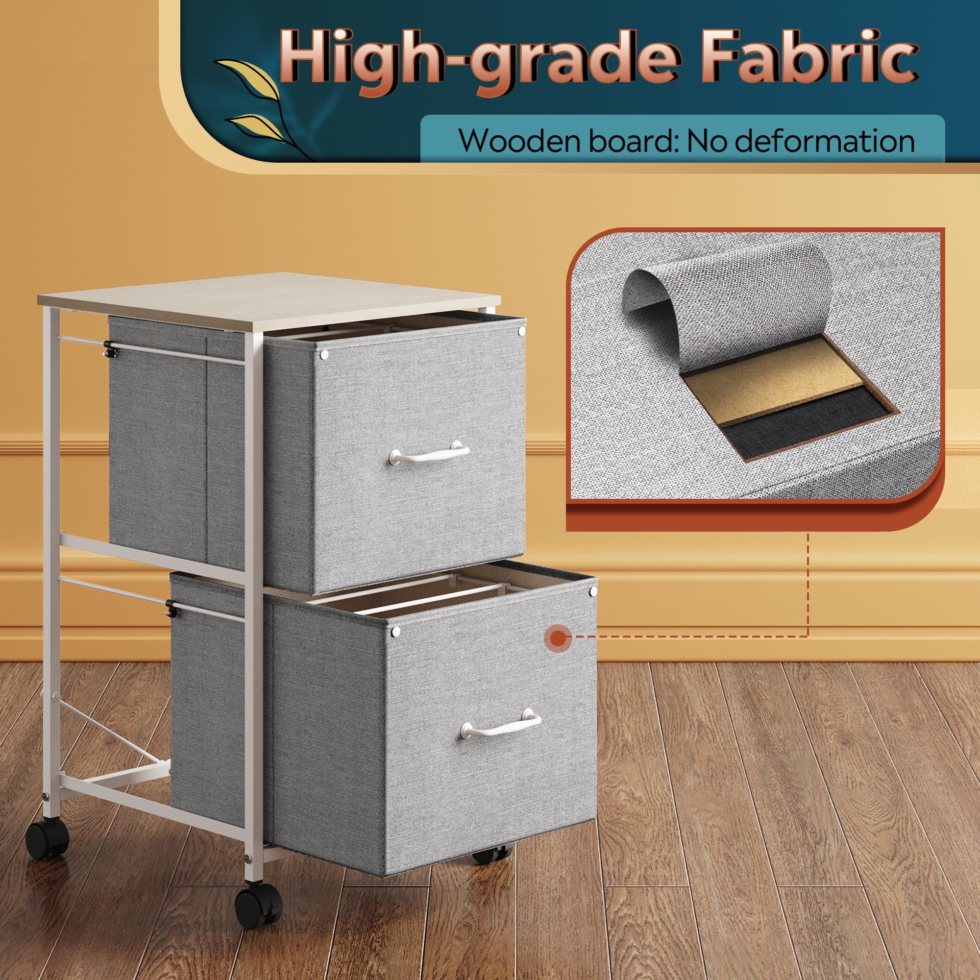 GALAXHERO 2 Drawer File Cabinet, Rolling Printer Stand Filing Cabinets for Home Office, Fabric Vertical File Cabinet Fits A4 or Letter Size, Wood Grain Print