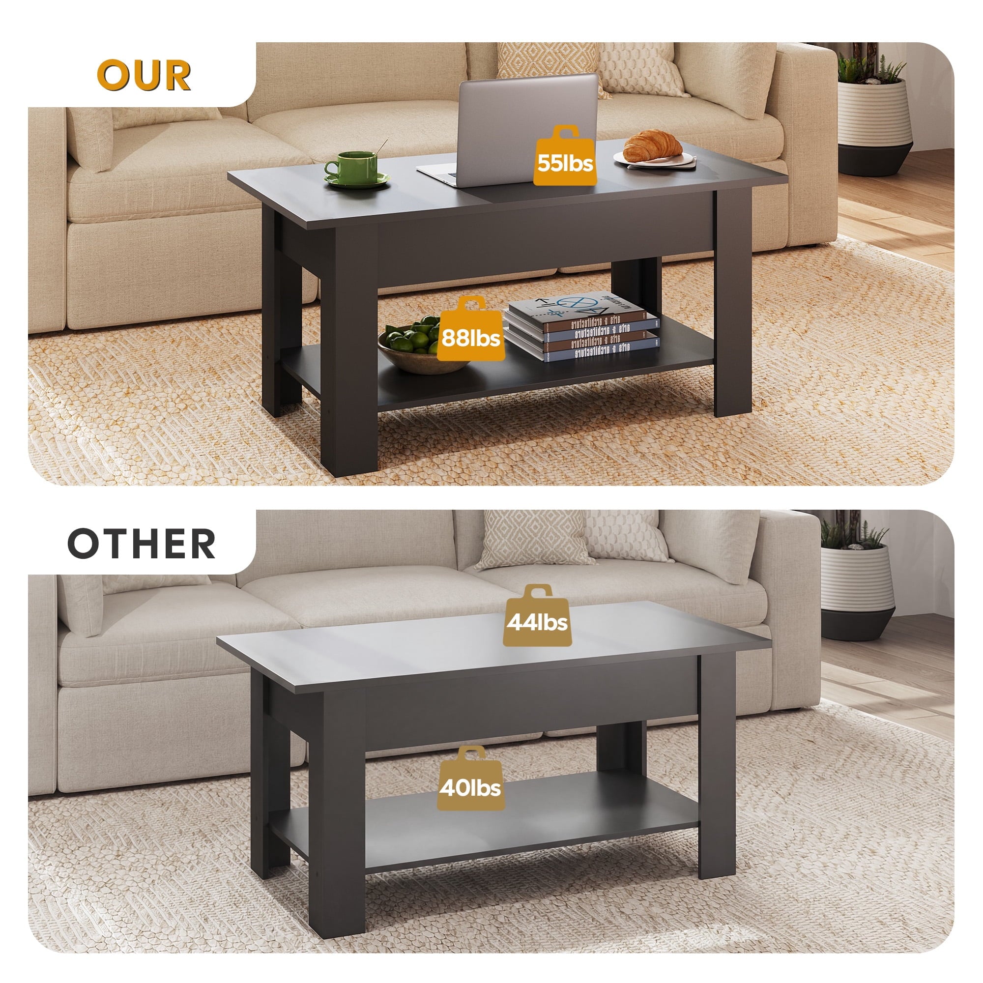 GALAXHERO 39" Lift Top Coffee Table with Storage Shelf & Hidden Compartment and Lifting Top for Home Living Room Office and Reception Room