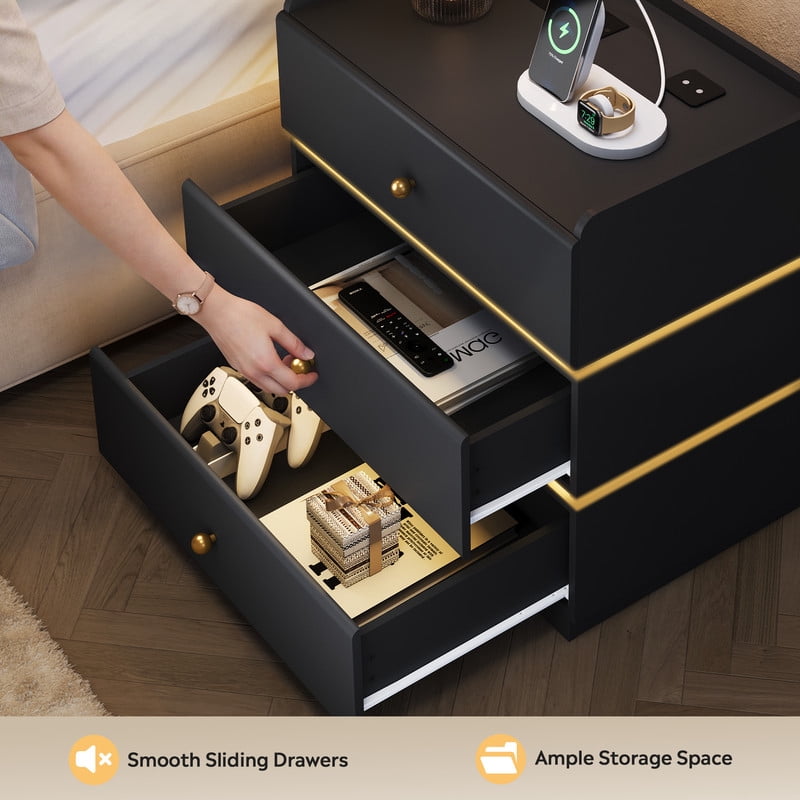 GALAXHERO Nightstand with Charging Station, Smart LED 3-Drawer Tall Bedside Table with Sensor, End Table with Wireless Charging for Bedroom Living Room Dorm