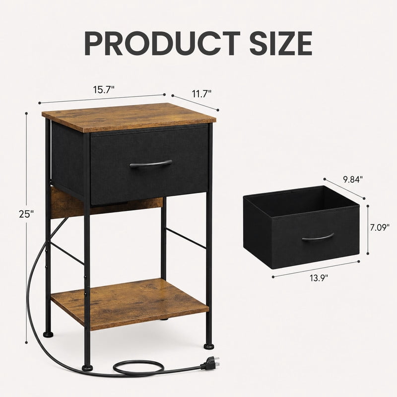 GALAXHERO Nightstand with Charging Station, Small Dresser with Drawer and Storage Shelfs for Bedroom
