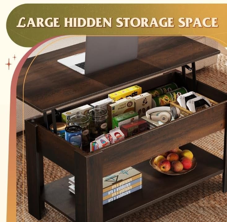 GALAXHERO 39" Lift Top Coffee Table with Storage Shelf & Hidden Compartment and Lifting Top for Home Living Room Office and Reception Room Rustic Brown
