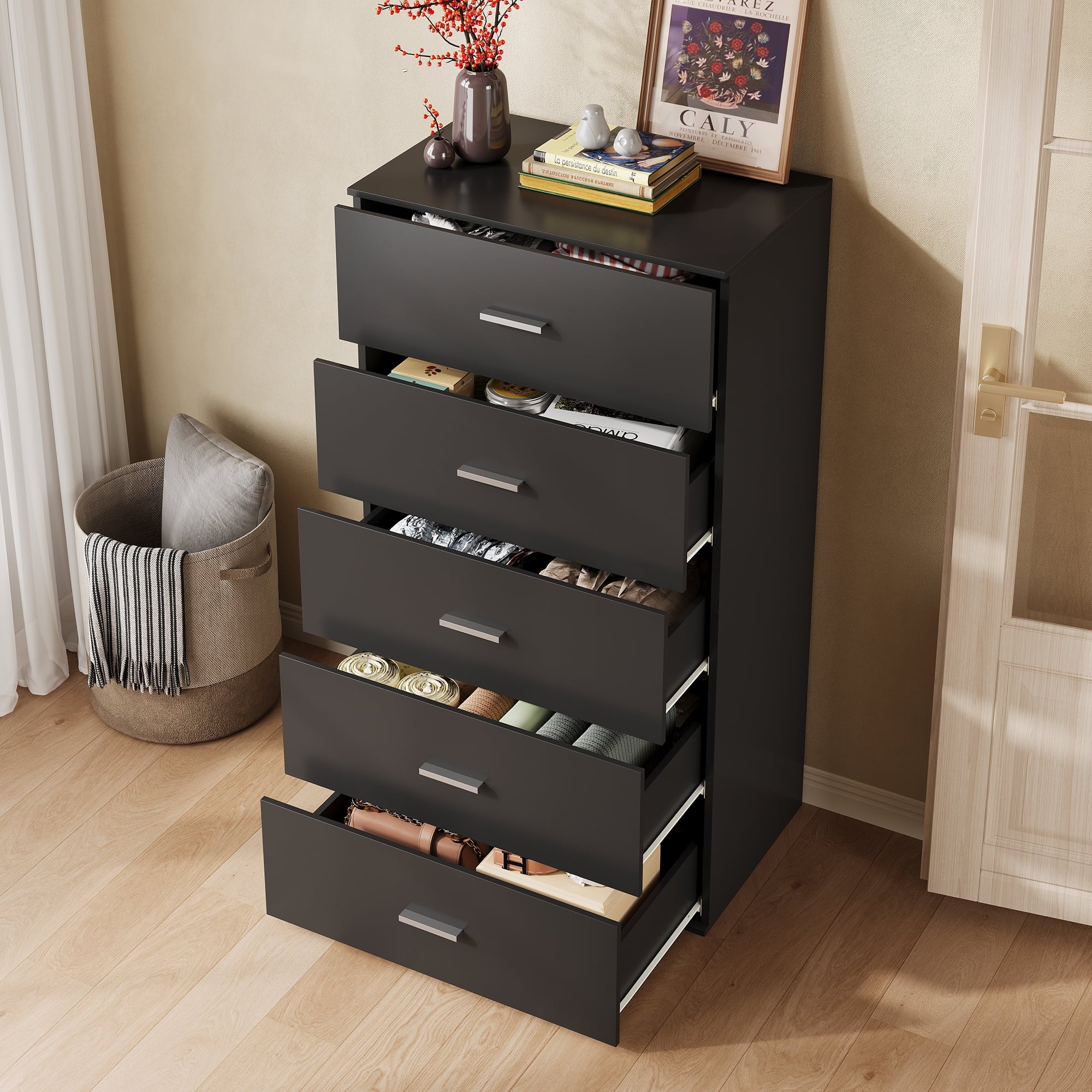 GALAXHERO 5 Drawers Dresser, Chest of Drawers for Bedroom, Tall Wood Storage Cabinet with Metal Handle for Living Room, Closet, Hallway