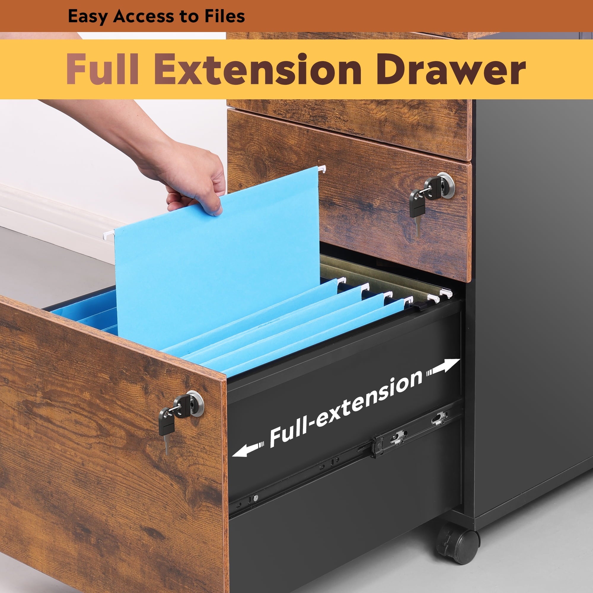 GALAXHERO 3 Drawers Storage Cabinet with Lock, Rolling Wood File Cabinet, Vertical Filing Cabinet for Home Office, Fits Letter/A4