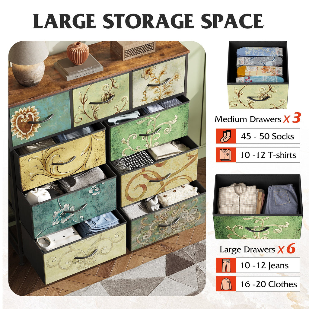 GALAXHERO 9-Drawer Fabric Dresser, Tall Storage Tower for Bedroom, Hallway, Entryway, Closet, Chest Organizer Unit with Fabric Bins, Steel Frame, Wood Top, Wood Grain Print