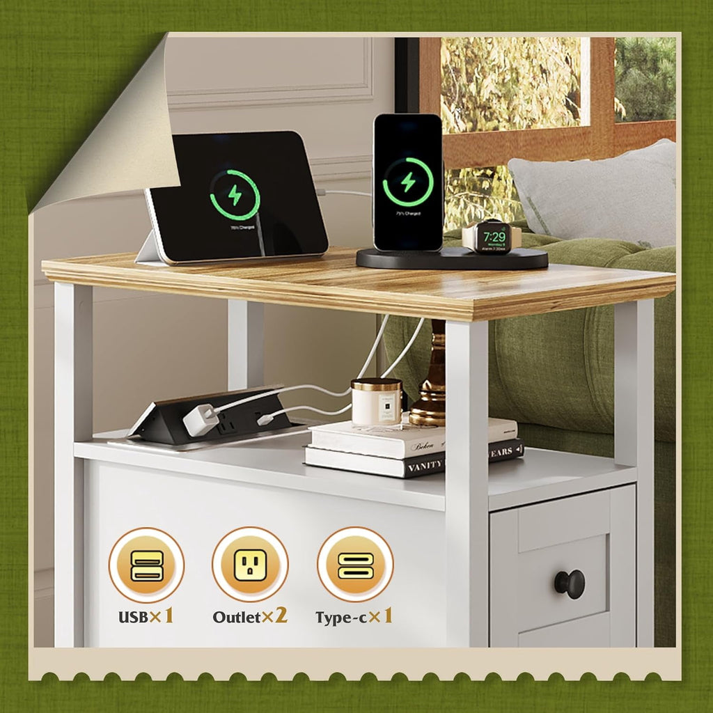 GALAXHERO Narrow Side Table with Charging Station Wooden End Table with 2 Drawers for Living Room, Bedroom, Small Space