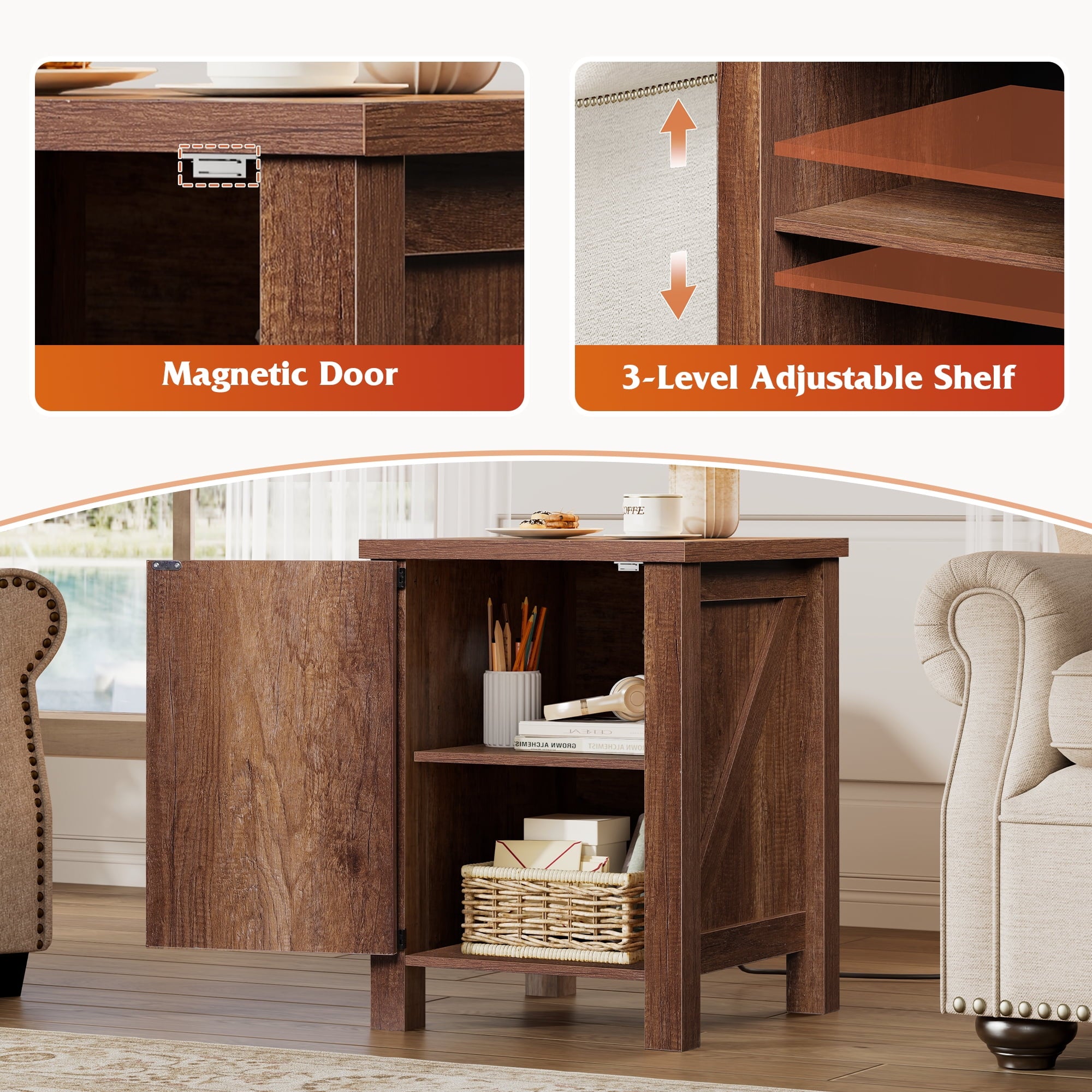 GALAXHERO Nightstand with Charging Station, Farmhouse Narrow Side Table with Barn Door, Wooden Bedside Table for Bedroom, End Tables for Living Room