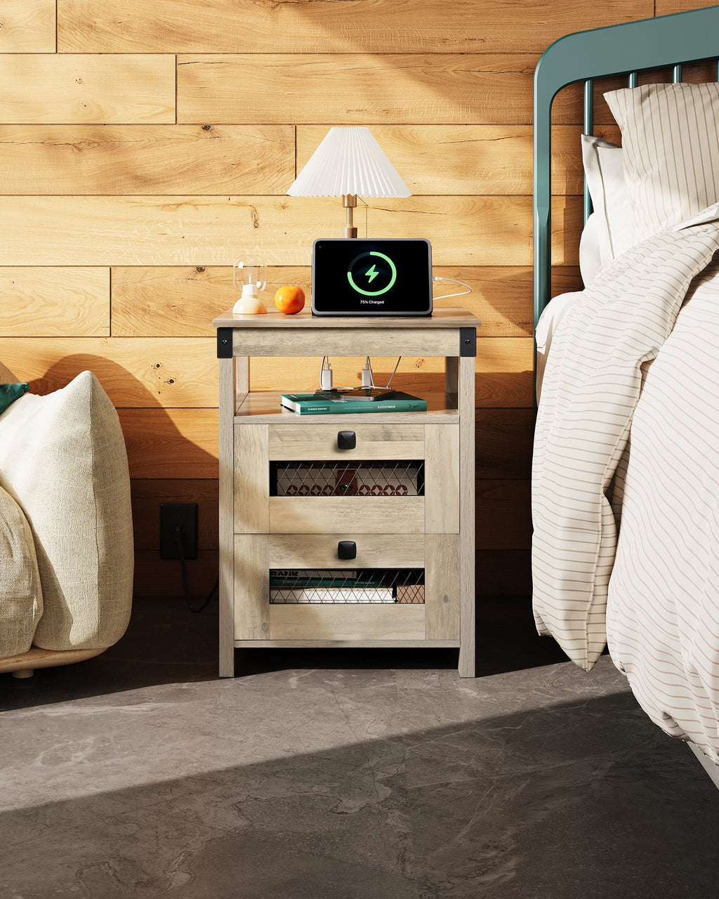 GALAXHERO Nightstand with Charging Station, Farmhouse End Table, Bed Side Table with 2 Storage Drawers and Open Shelf, Wood Rustic Nightstands for Bedroom