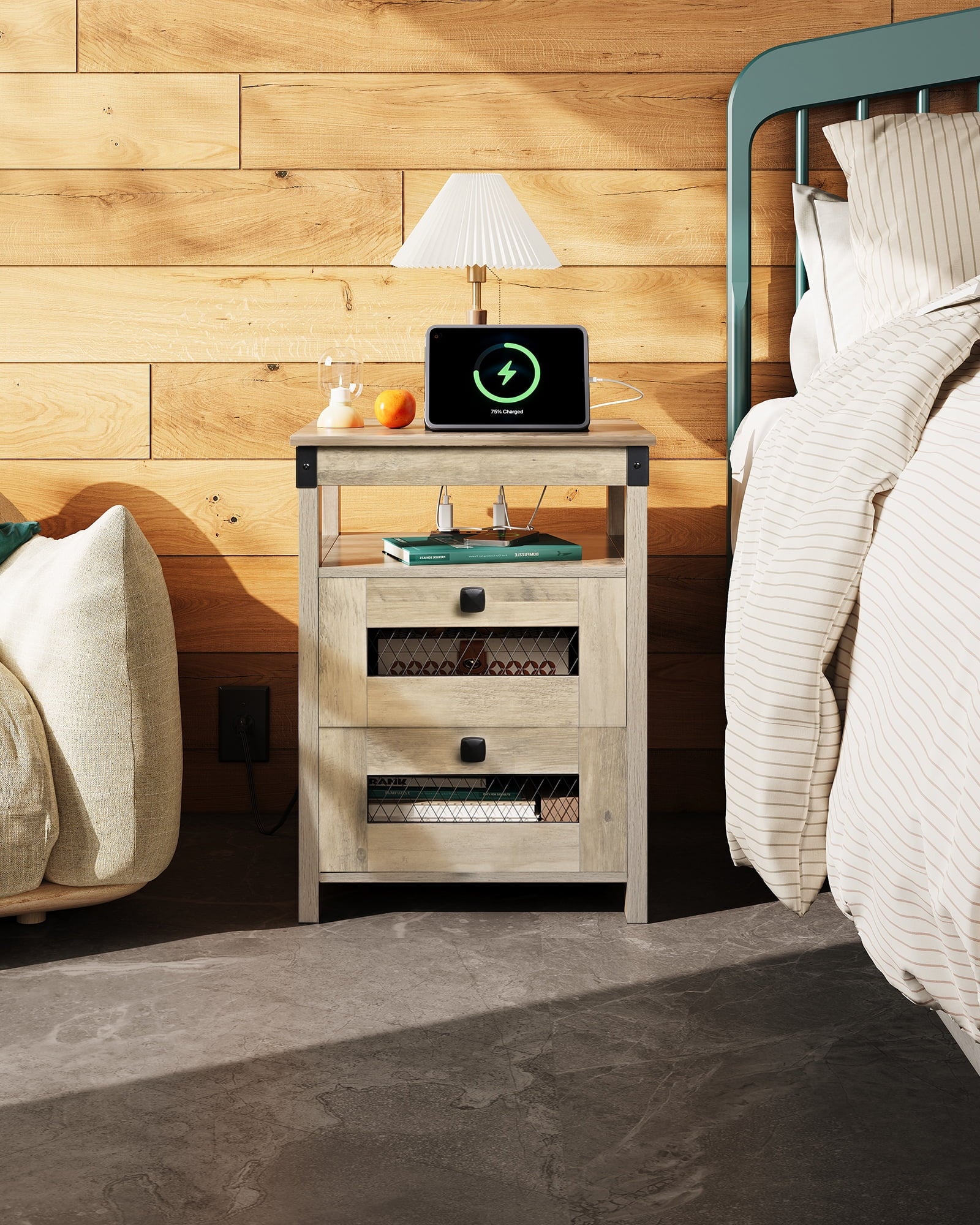 GALAXHERO Nightstand with Charging Station, Farmhouse End Table, Bed Side Table with 2 Storage Drawers and Open Shelf, Wood Rustic Nightstands for Bedroom