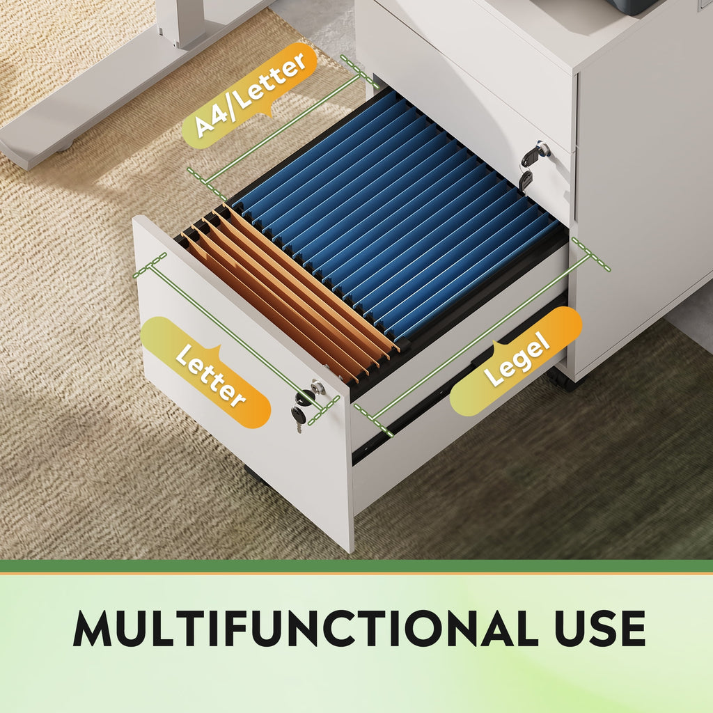 GALAXHERO File Cabinet 3-Drawer Rolling Wood Cabinet for Home Office with Lock, Fits Letter/A4/Legal Size, Retractable Hook, White