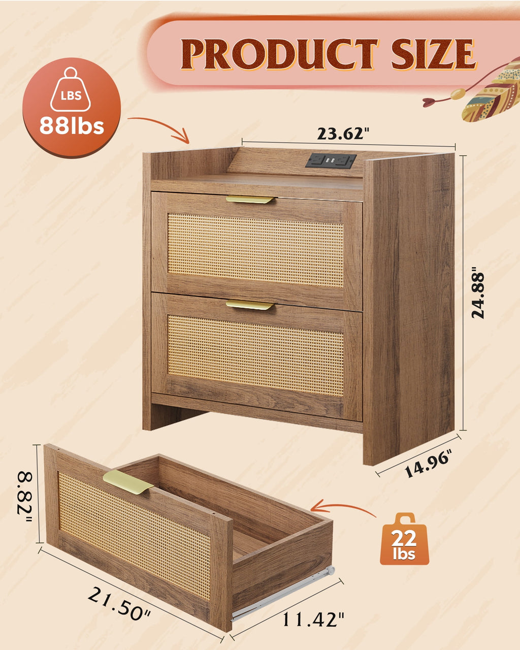 GALAXHERO Nightstand with Charging Station, Boho Rattan Bedside Tables, 2 Drawers End Table for Bedroom, Living Room, Natural Oak
