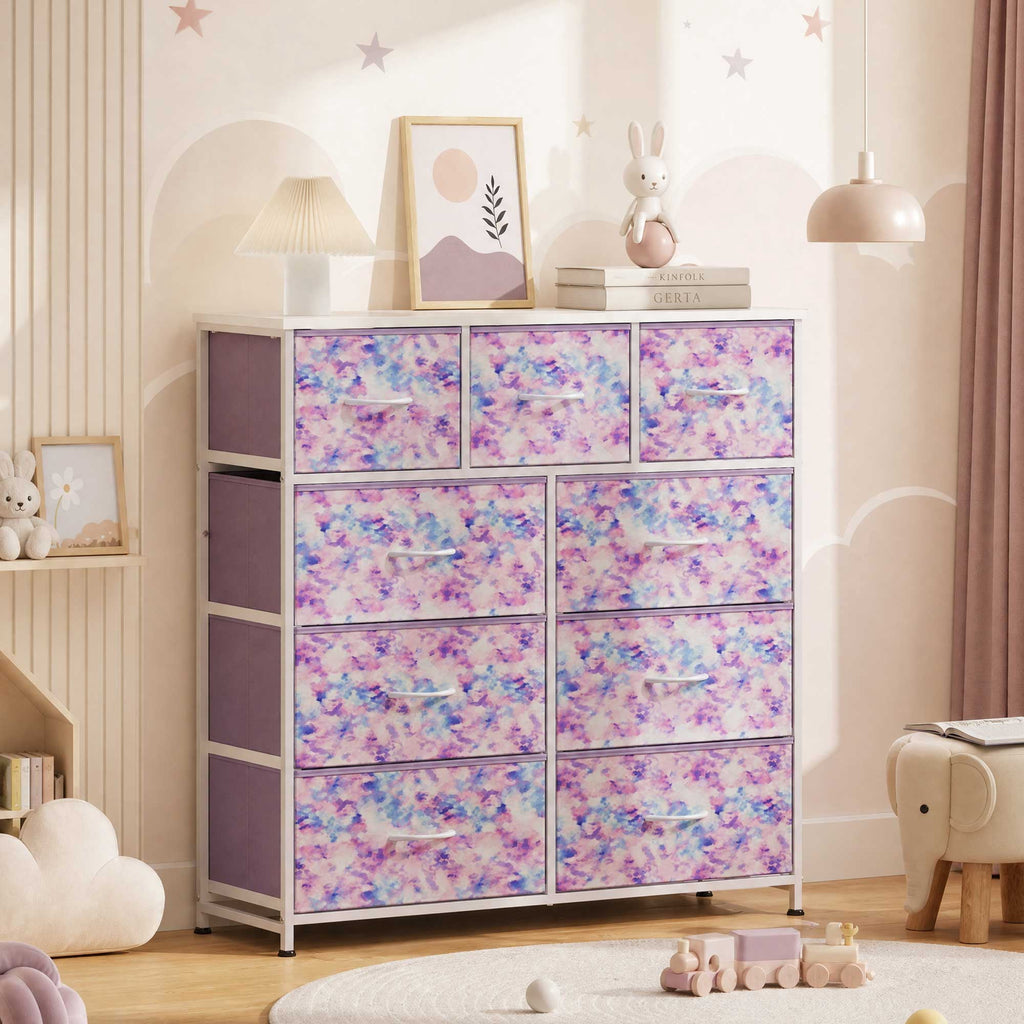 GALAXHERO 9-Drawer Fabric Dresser, Tall Storage Tower for Bedroom, Hallway, Entryway, Closet, Chest Organizer Unit with Fabric Bins, Steel Frame, Wood Top, Wood Grain Print
