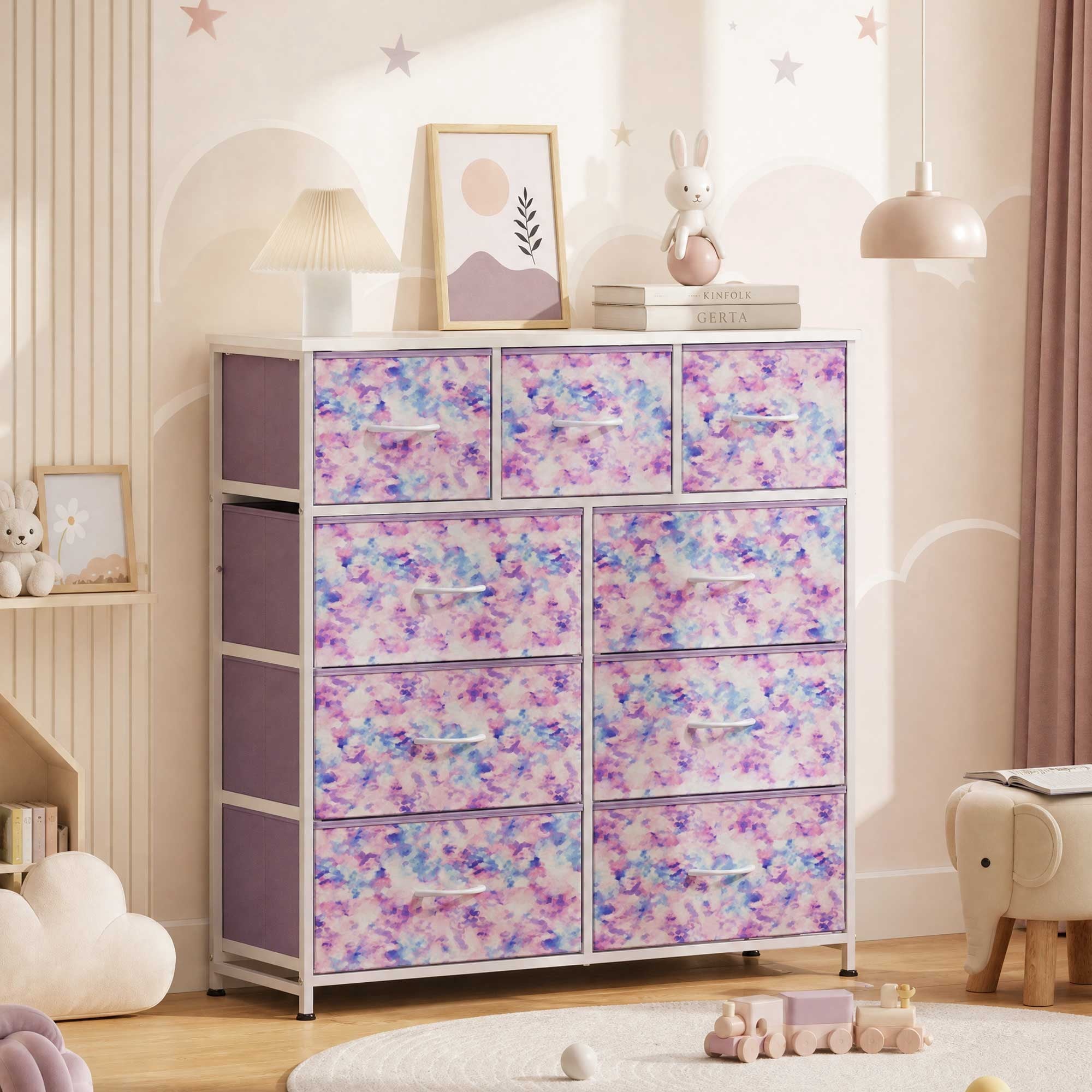 GALAXHERO 9-Drawer Fabric Dresser, Tall Storage Tower for Bedroom, Hallway, Entryway, Closet, Chest Organizer Unit with Fabric Bins, Steel Frame, Wood Top, Wood Grain Print