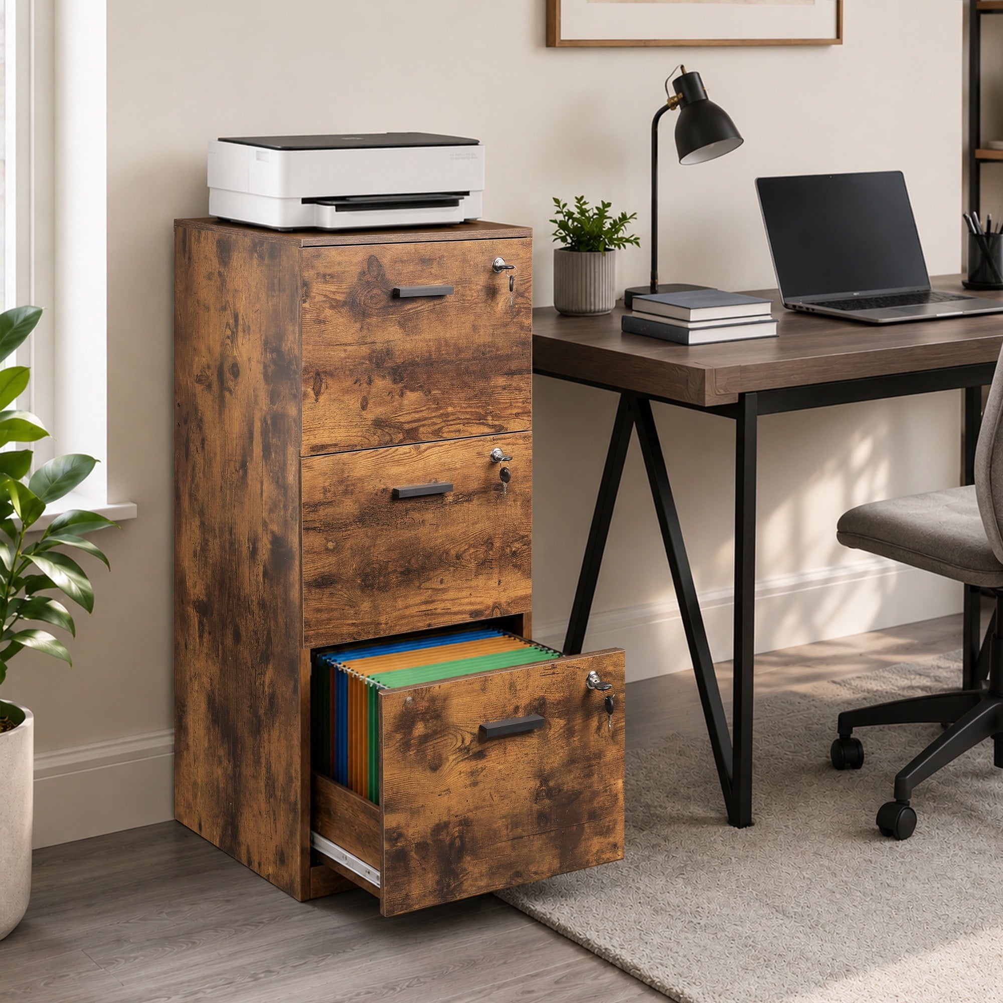 GALAXHERO 3-Drawer File Cabinet with Locks & Wood Printer Stand, Fits Letter/A4, Ideal for Home Office