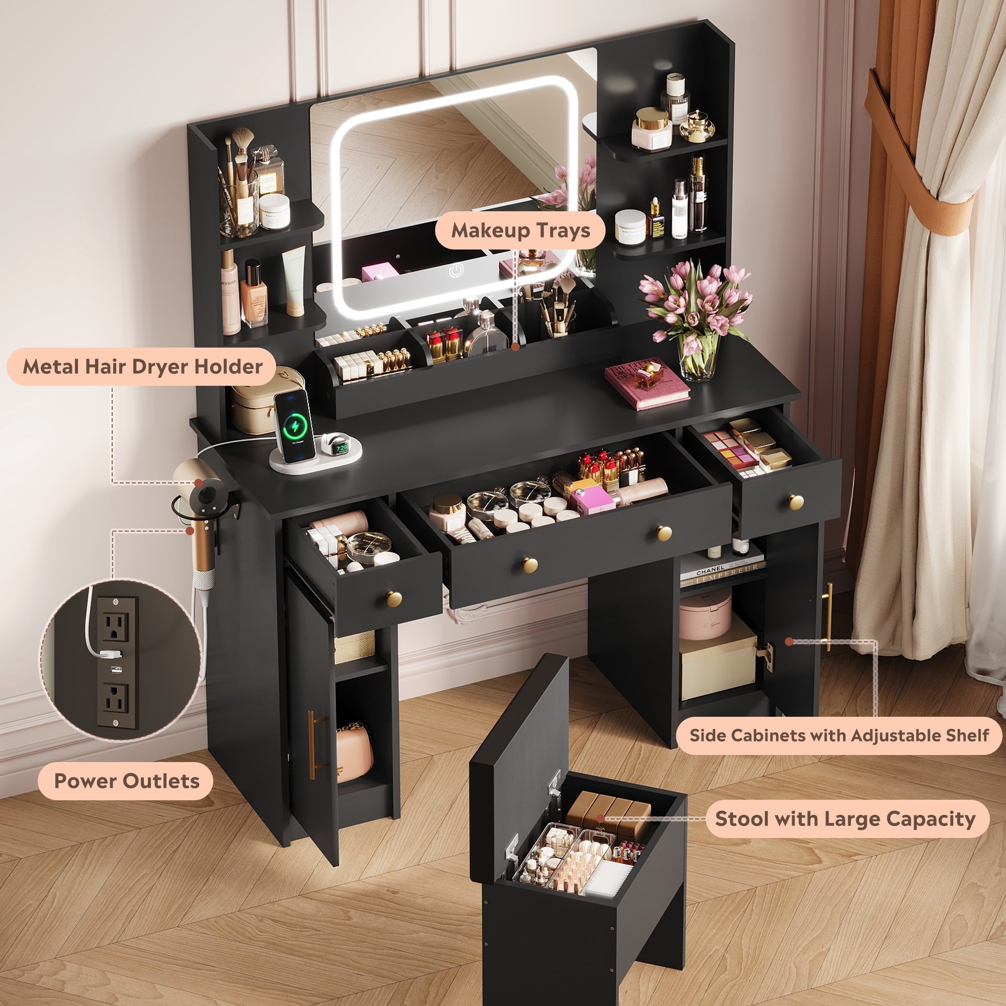 GALAXHERO White Vanity Desk with Lighted Mirror and Chair, RGB Lights, Charging Station, Makeup Table with 3 Drawers and 2 Cabinets, Vanity Stools with Storage for Bedroom