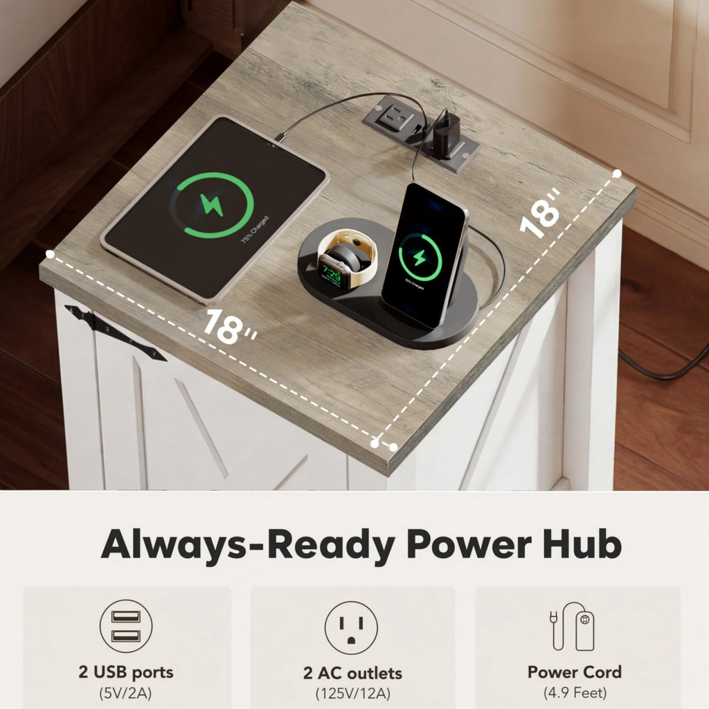 GALAXHERO Narrow Nightstand with Charging Station, Farmhouse Barn Door Wood Bedside Table & End Table with Storage for Bedroom, Living Room,Dorm