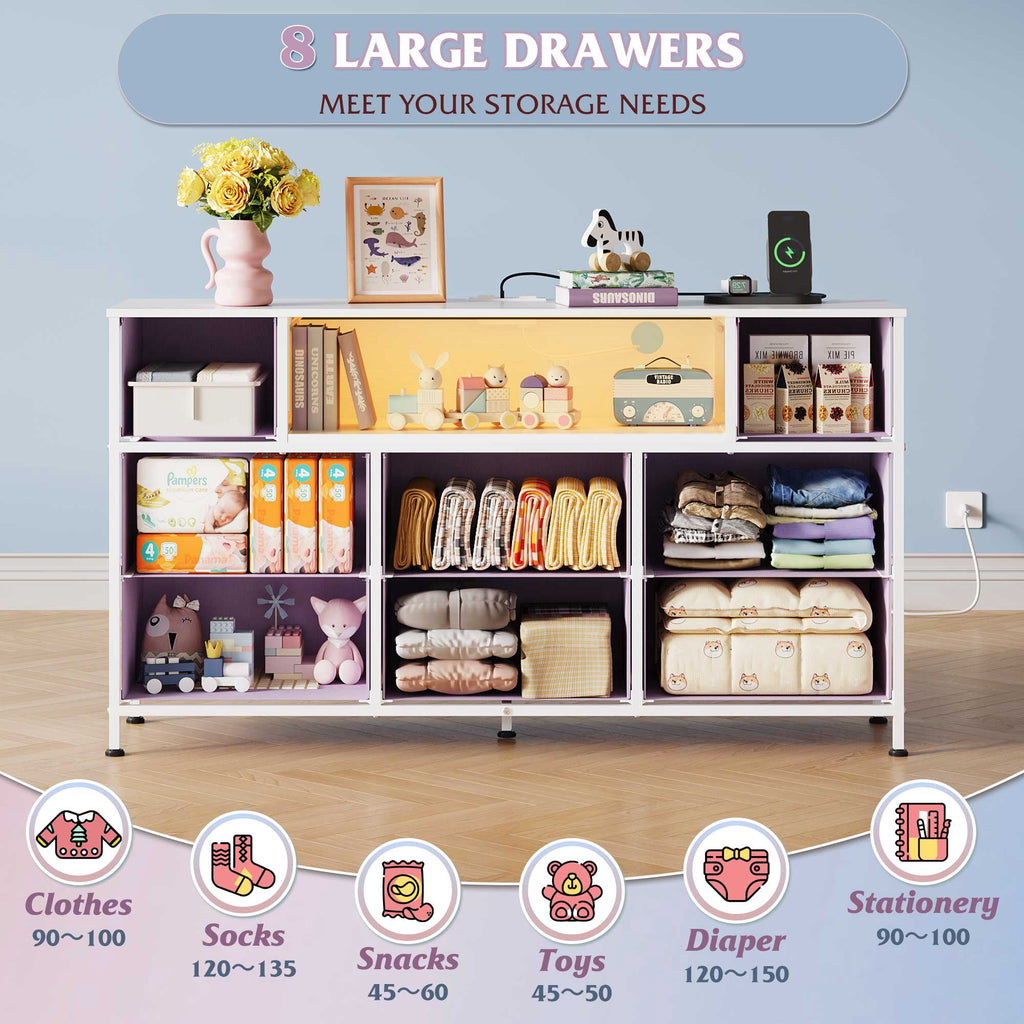 GALAXHERO 8-Drawer Dressers for Bedroom, Dresser TV Stand for 55'' TV with LED Lights and Power Outlets, Fabric Chest of Drawers for Living Room, Entryway