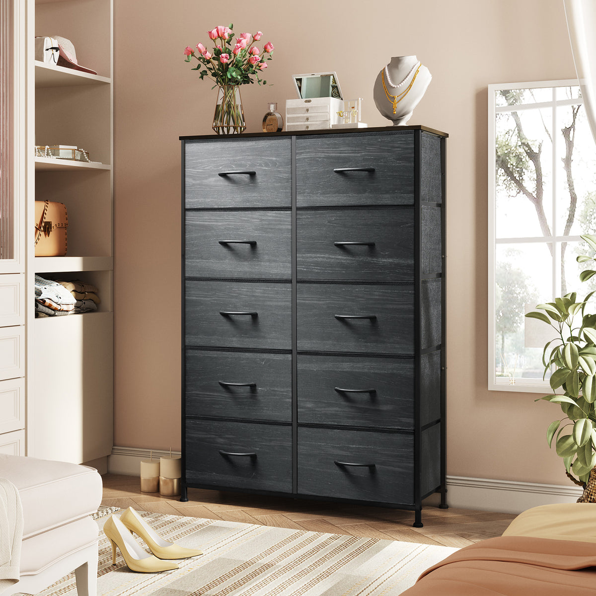 GALAXHERO Tall Dresser 10 Fabric Drawers, Storage Tower with Cabinet, Metal Frame, Wooden Top, Organizer Units for Bedroom, Living Room, Closet, Clothing