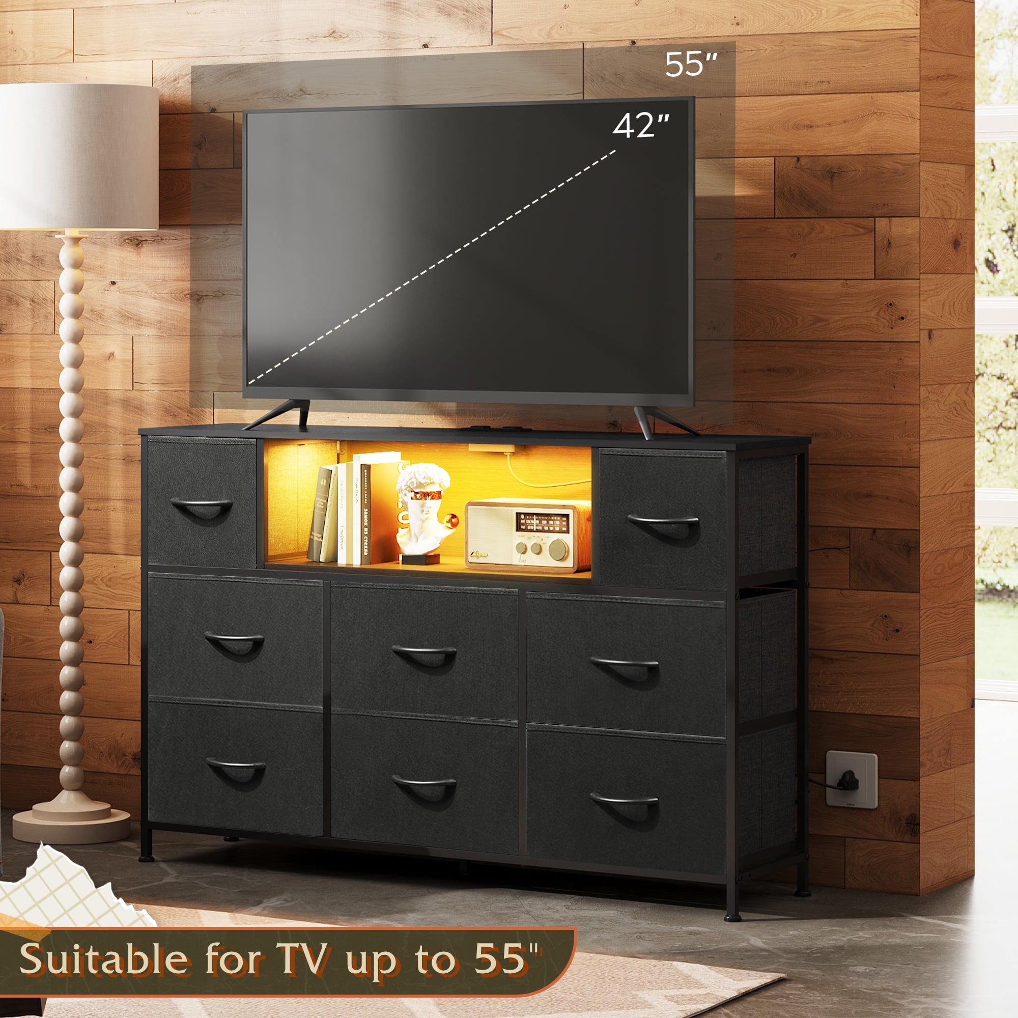 GALAXHERO 8-Drawer Dressers for Bedroom, Dresser TV Stand for 55'' TV with LED Lights and Power Outlets, Fabric Chest of Drawers for Living Room, Entryway