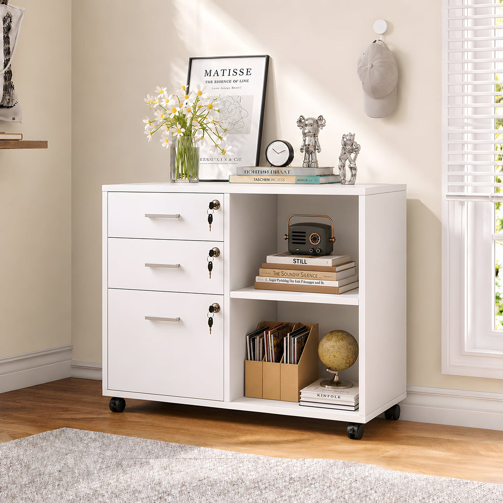 GALAXHERO 3-Drawer File Cabinet with Lock and Key, Mobile Wood Lateral Filing Cabinet & Printer Stand with Open Shelves for Home Office
