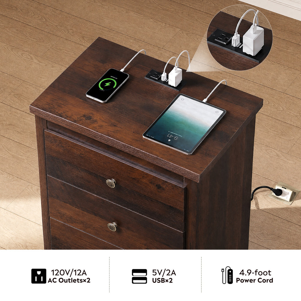 GALAXHERO Nightstand with Charging Station, 3-Drawer Tall Wood Bedside Table & End Table for Bedroom Living Room Dorm