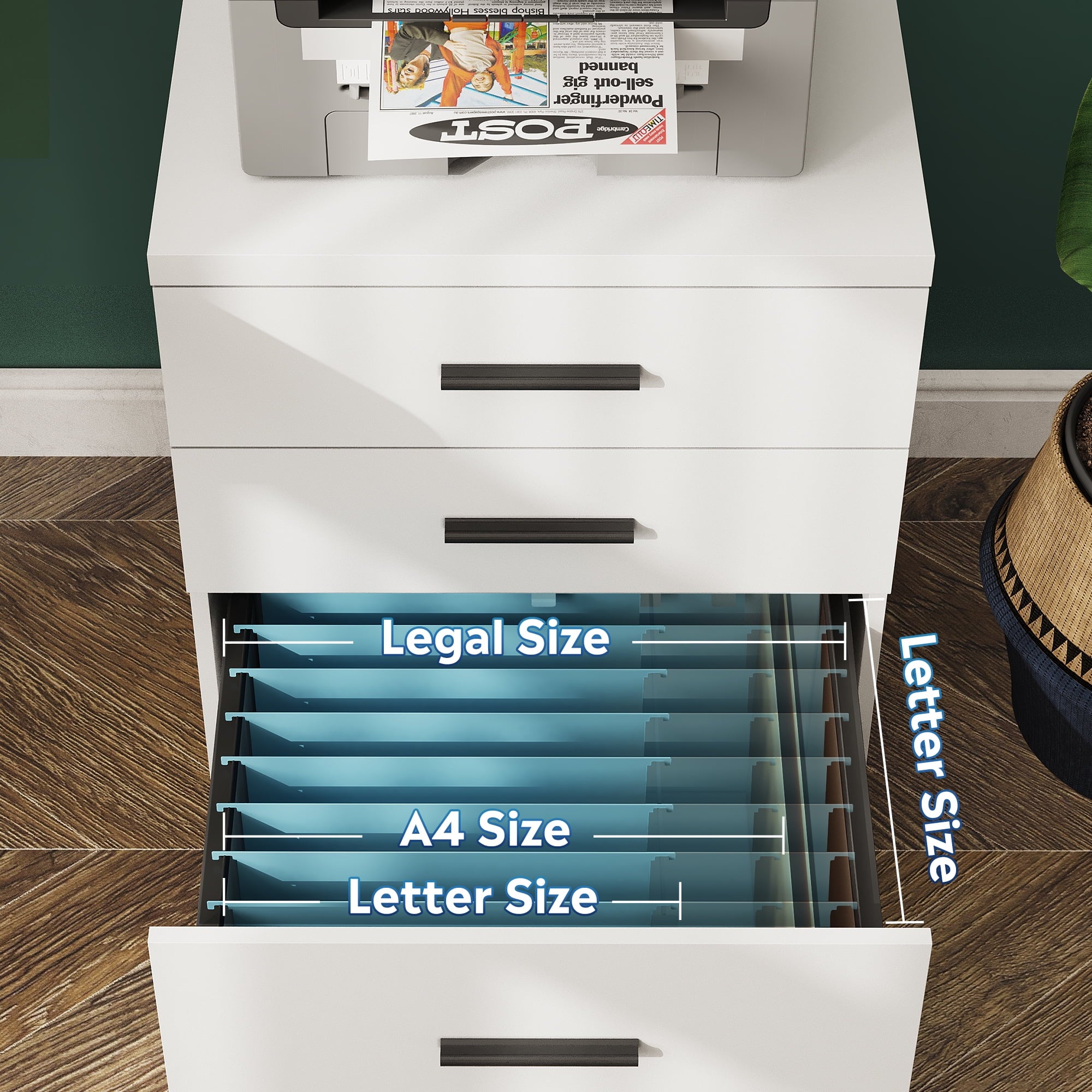 GALAXHERO 3-Drawer Wood File Cabinet, Rolling Under Desk Filing Cabinet for Home Office, Printer Stand with Wheels, White