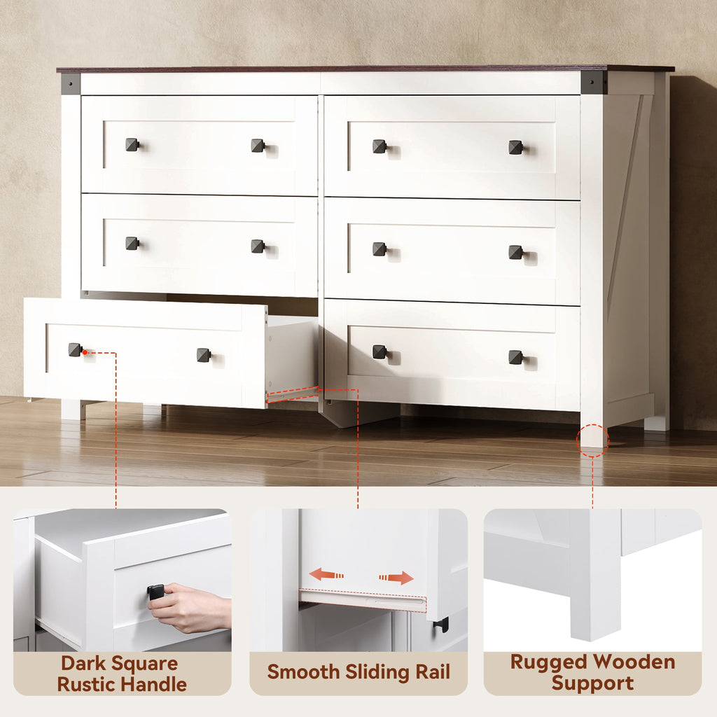 GALAXHERO Farmhouse 6 Drawer Dresser, Wood Dresser with Double Rustic Handles, TV Stand for 60" TV for Living Room, 53.07'' Wide Chest of Drawers for Bedroom, Hallway