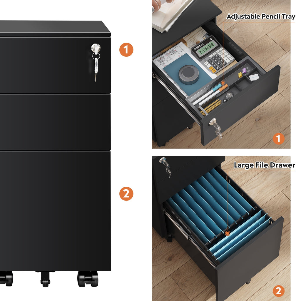 GALAXHERO 3 Drawer File Cabinet, Fully Assembled Except Casters, Metal Under Desk Cabinet with Lock, Rolling Filing Cabinet for Home Office, Legal/Letter Size