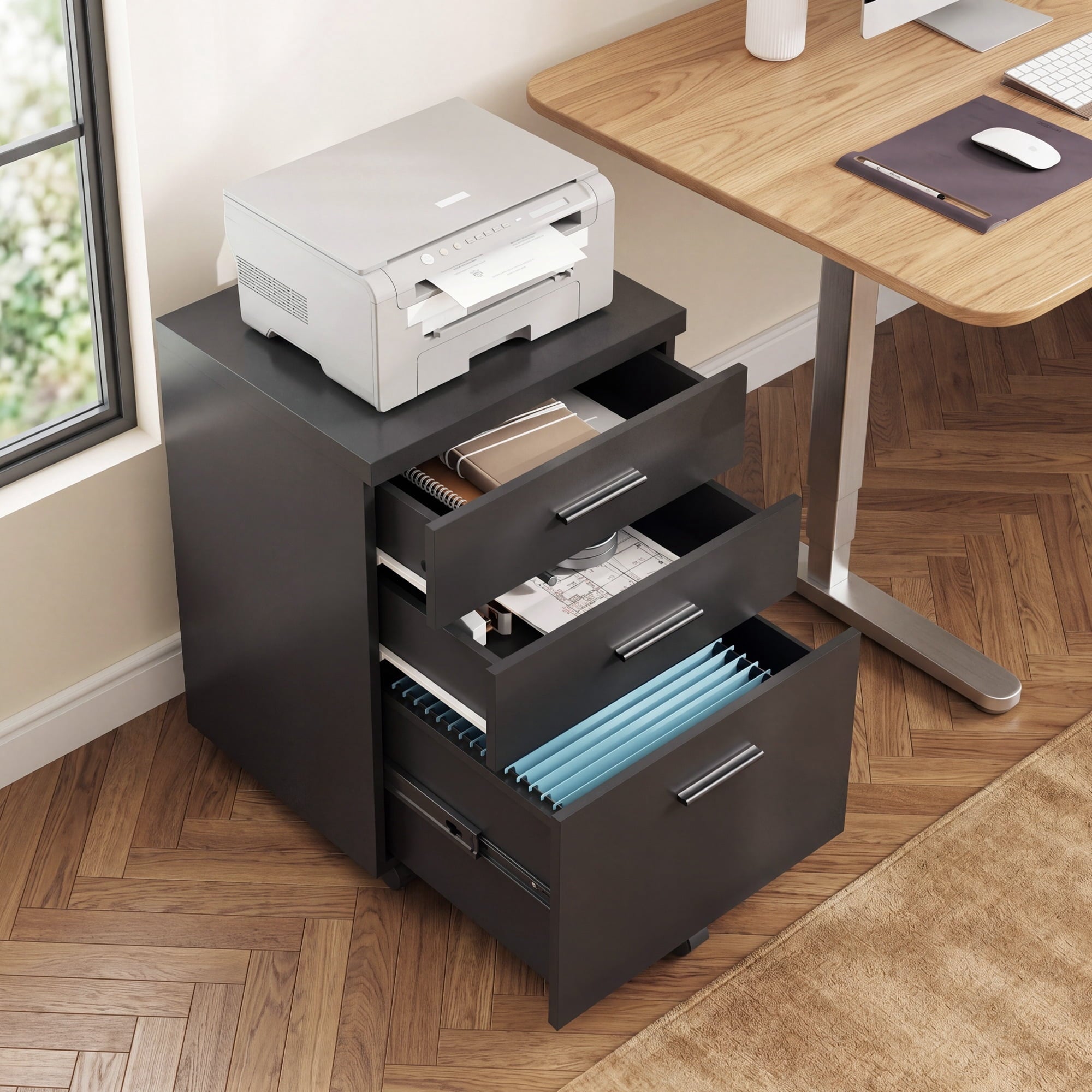 GALAXHERO 3 Drawer Storage Cabinet, Wood Rolling File Cabinet with Whells, Printer Stand Filing Cabinet for Home Office, Fit Letter/A4