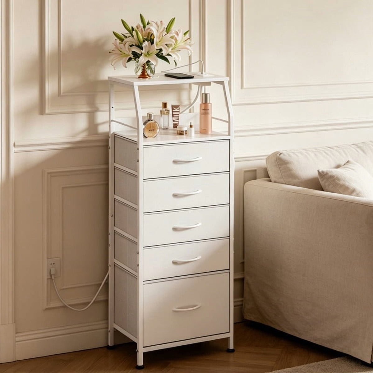 GALAXHERO Dresser for Bedroom, 5 Drawer Nightstand with Charging Station,Tall Bedside Table with LED and Open Shelf