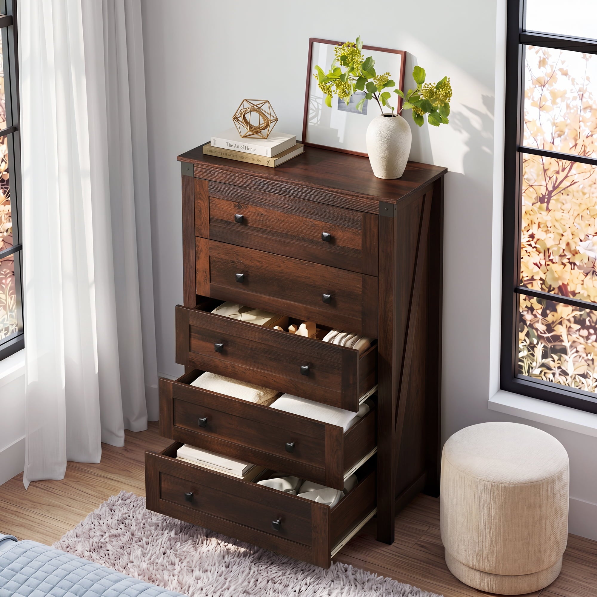 GALAXHERO Farmhouse 5 Drawer Dresser, Tall Dresser with Double Rustic Handles, Wood Chest of Drawers for Bedroom, Living Room, Hallway