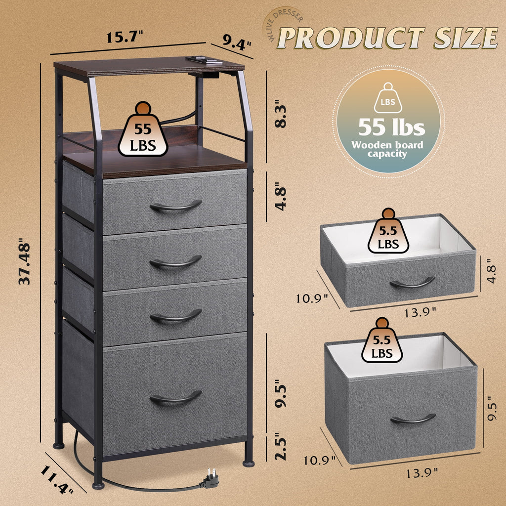 GALAXHERO 4 Drawer Dresser for Bedroom, Nightstand with Charging Station and LED, Tall Bedside Table with Storage Shelfs