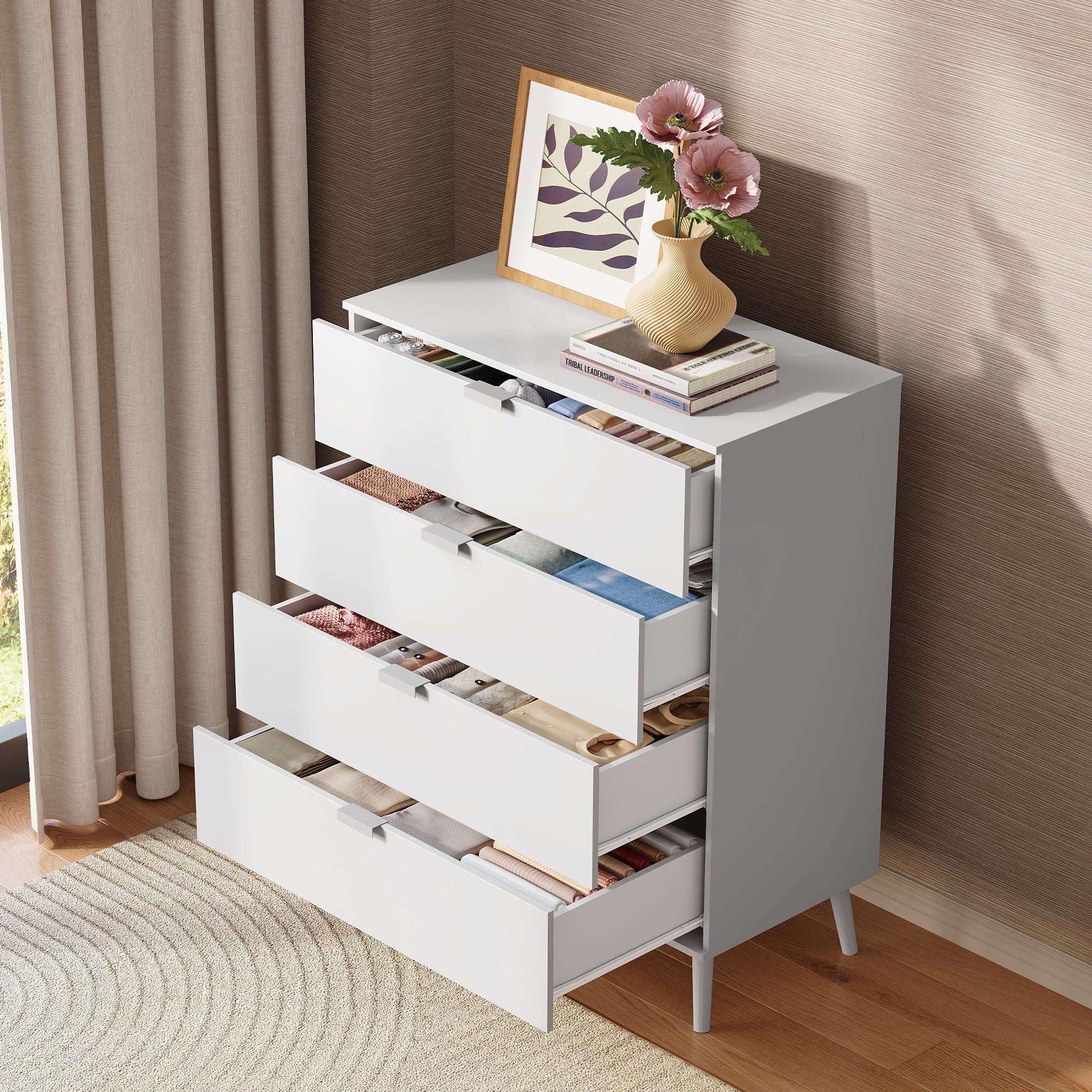 GALAXHERO 4 Drawer Dresser for Bedroom, Wood Chest of Drawers, Organizer Unit with Metal Handle for Living Room, Closet, Hallway