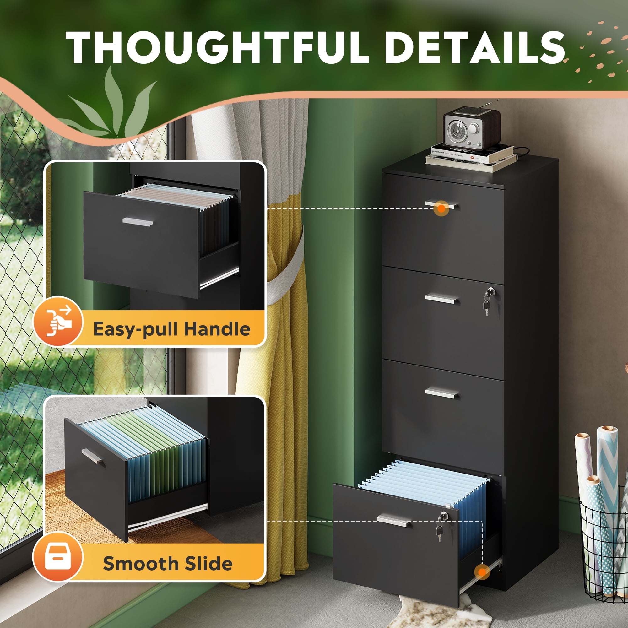 GALAXHERO 4 Drawer File Cabinet, Vertical Filing Cabinet with Lock and Key, Wood Storage Organizer for Home Office, Fit Letter/A4