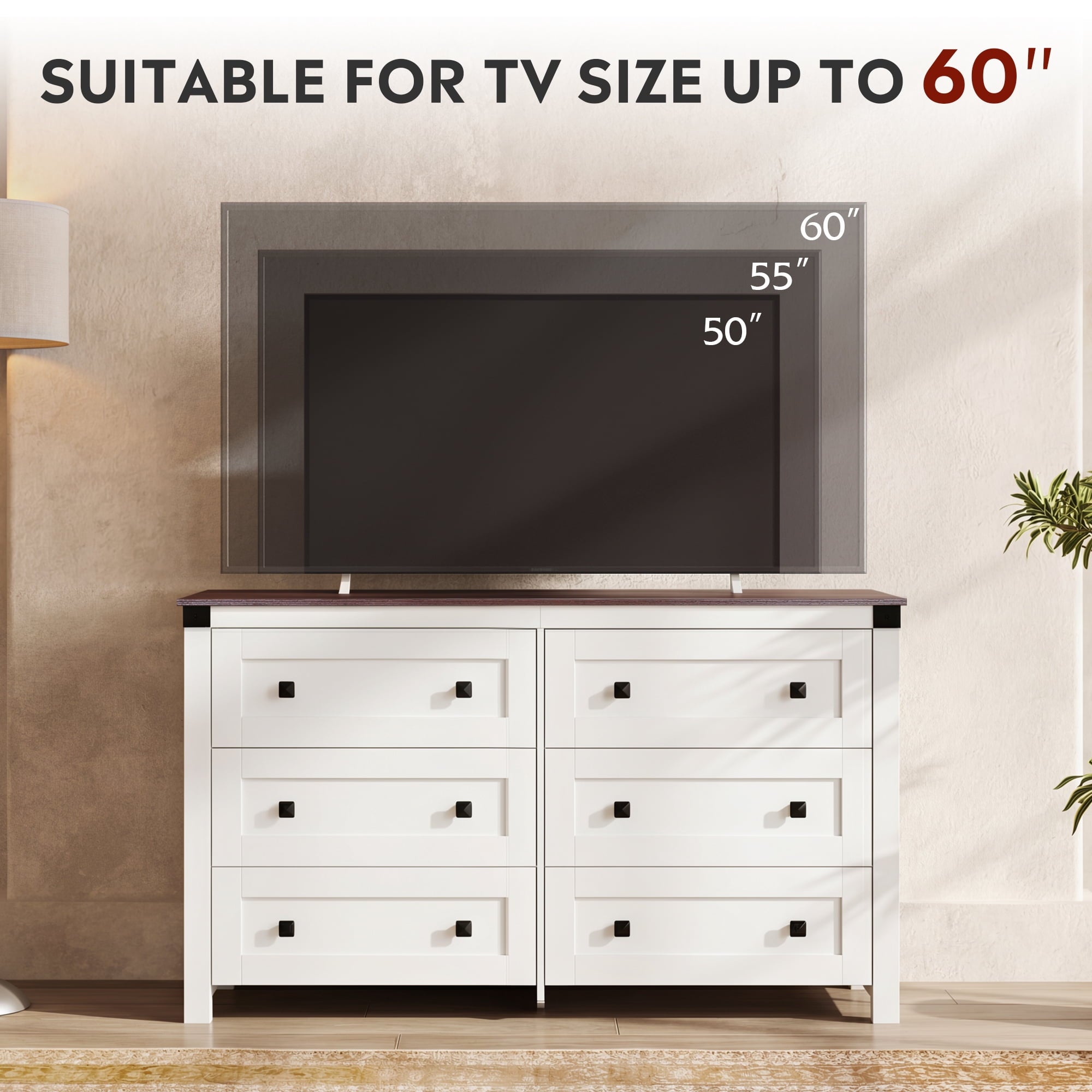 GALAXHERO Farmhouse 6 Drawer Dresser, Wood Dresser with Double Rustic Handles, TV Stand for 60" TV for Living Room, 53.07'' Wide Chest of Drawers for Bedroom, Hallway