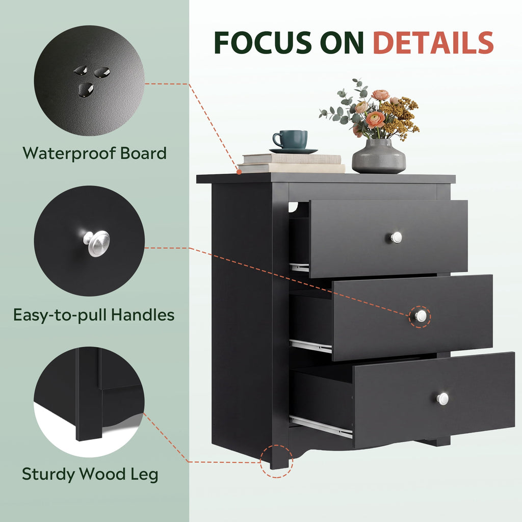 GALAXHERO Tall  Nightstand with Charging Station and 3 Drawers, Wood Bedside End Table with 2 USB Ports & 2 AC Outlets for Bedroom Living Room Dorm