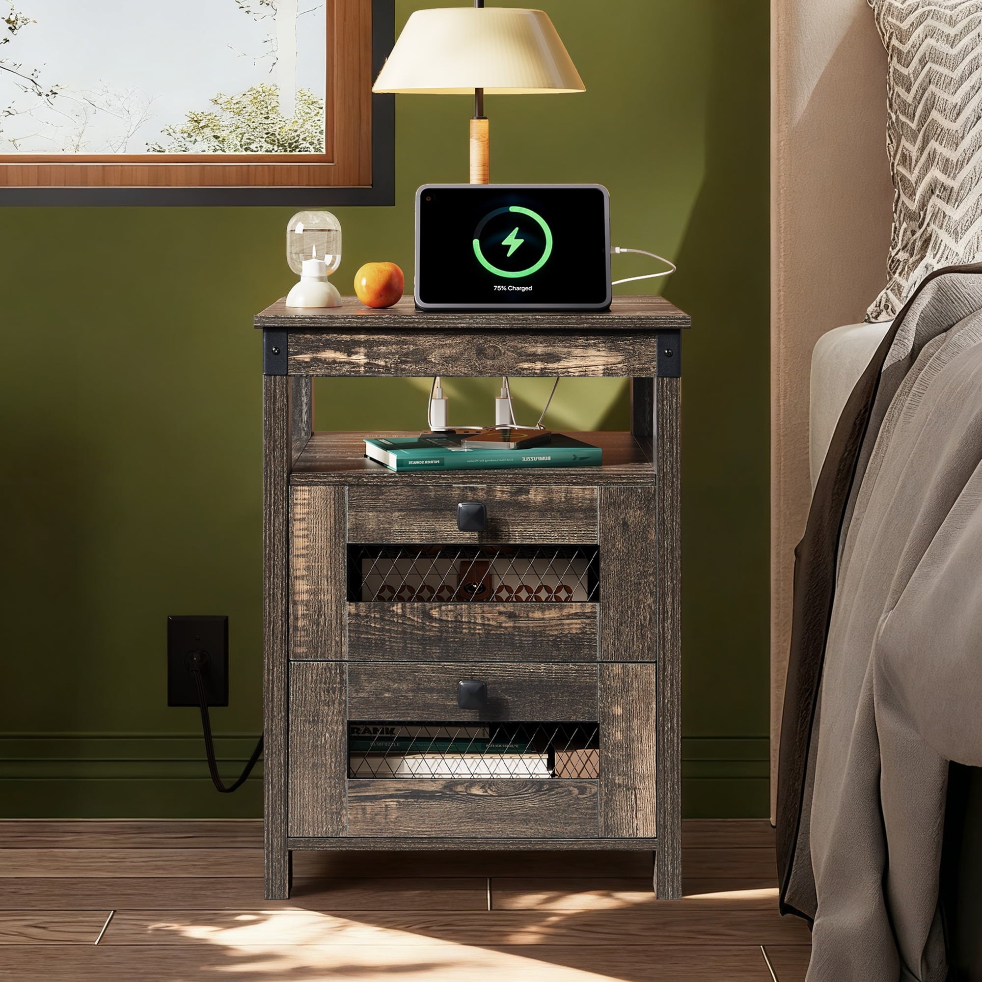 GALAXHERO Nightstand with Charging Station, Farmhouse End Table, Bed Side Table with 2 Storage Drawers and Open Shelf, Wood Rustic Nightstands for Bedroom