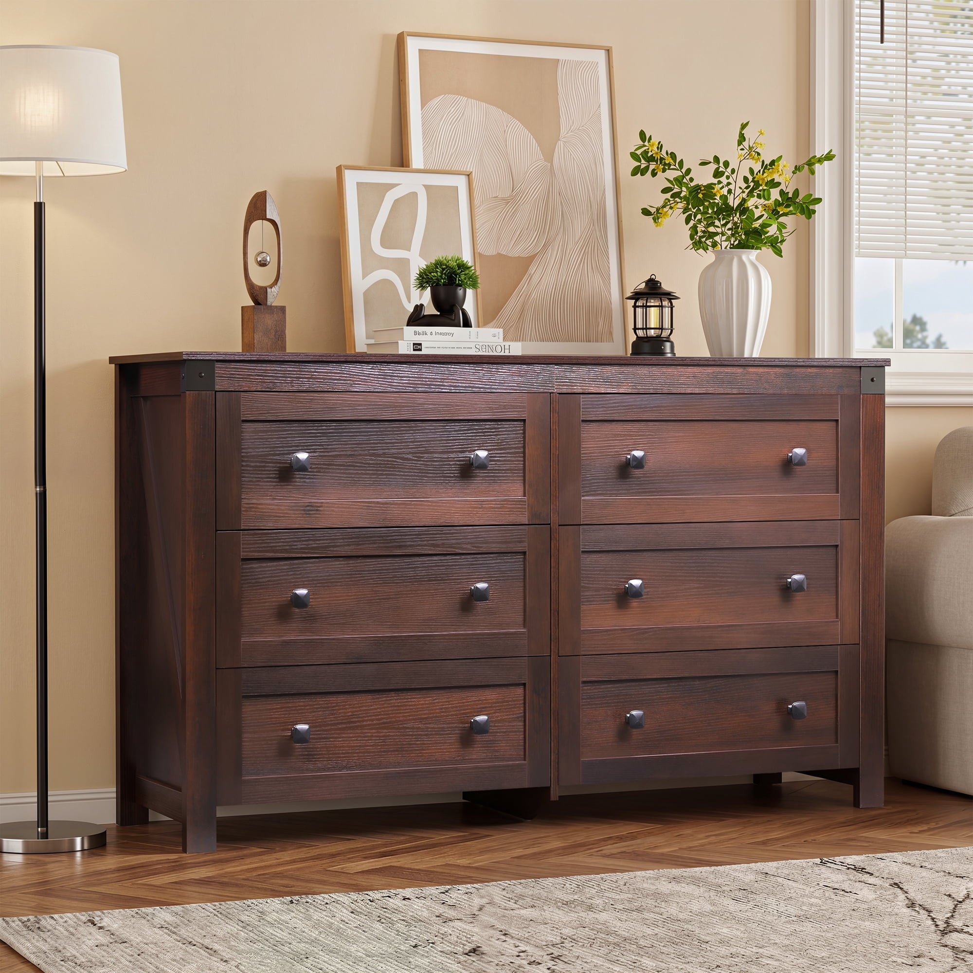 GALAXHERO Farmhouse 6 Drawer Dresser, Wood Dresser with Double Rustic Handles, TV Stand for 60" TV for Living Room, 53.07'' Wide Chest of Drawers for Bedroom, Hallway
