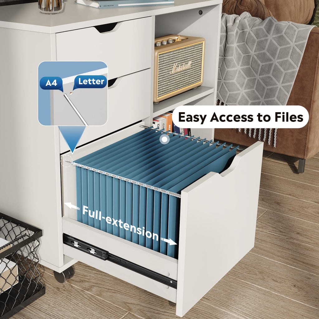 GALAXHERO 3 Drawer File Cabinet, Mobile Printer Stand with Storage Shelves, Wood Lateral Filing Cabinet, Office Storage Cabinet for Home Office, White