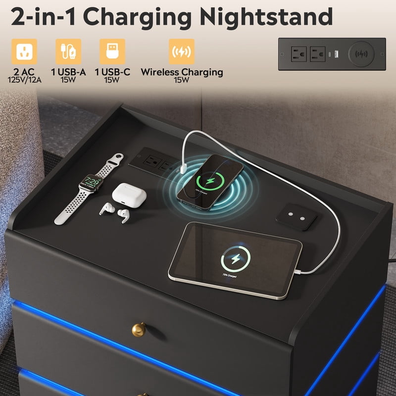 GALAXHERO Nightstand with Charging Station, Smart LED 3-Drawer Tall Bedside Table with Sensor, End Table with Wireless Charging for Bedroom Living Room Dorm