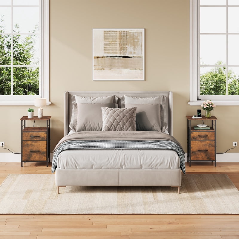 GALAXHERO Nightstands Set of 2, Bed Side Table with Charging Station, End Table with 2 Fabric Drawers for Bedroom, Closet, Dorm