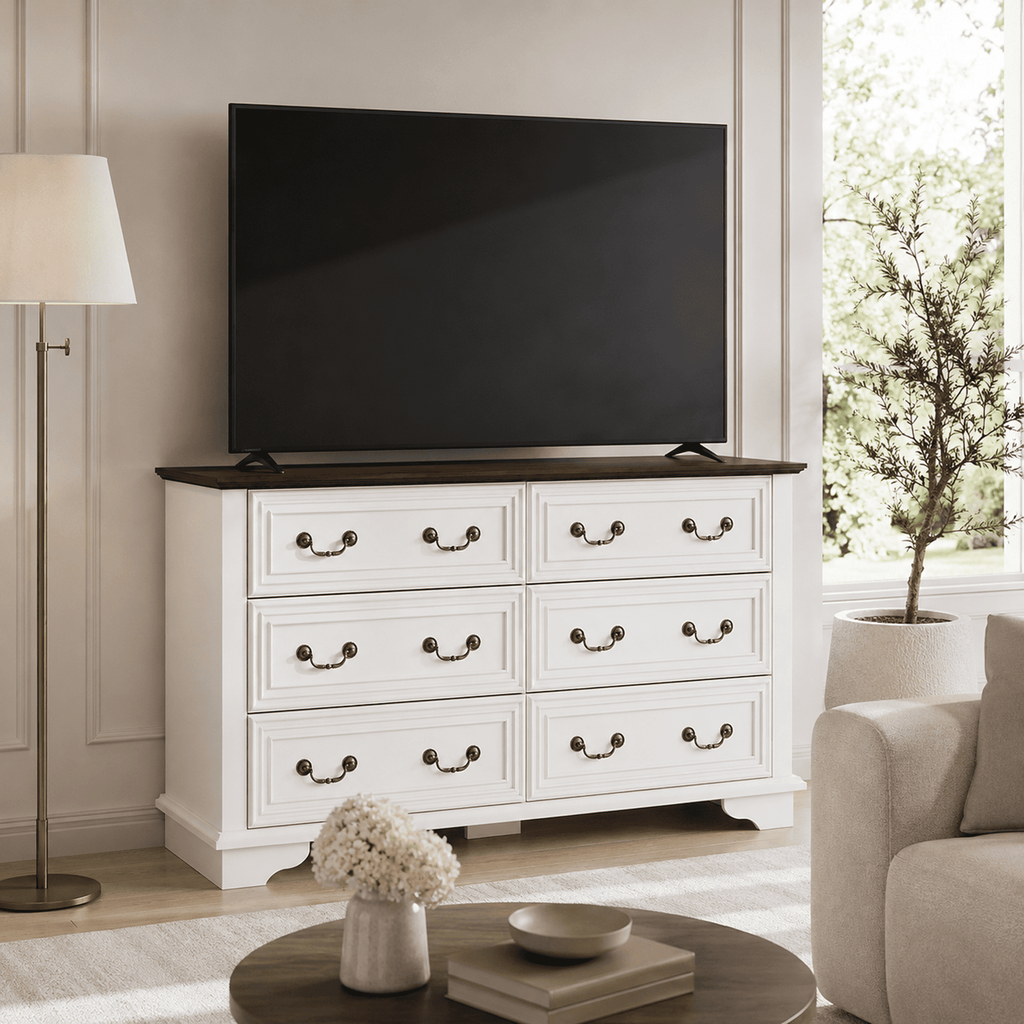 GALAXHERO Farmhouse Wood Dresser for Bedroom, Dresser with 6 Drawers, Chest of Drawers with Roman Metal Handle, TV Stand for 60 inch TV for Living Room, Hallway