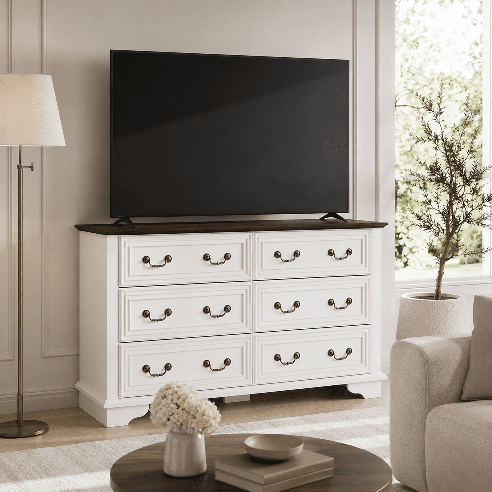 GALAXHERO Farmhouse Wood Dresser for Bedroom, Dresser with 6 Drawers, Chest of Drawers with Roman Metal Handle, TV Stand for 60 inch TV for Living Room, Hallway
