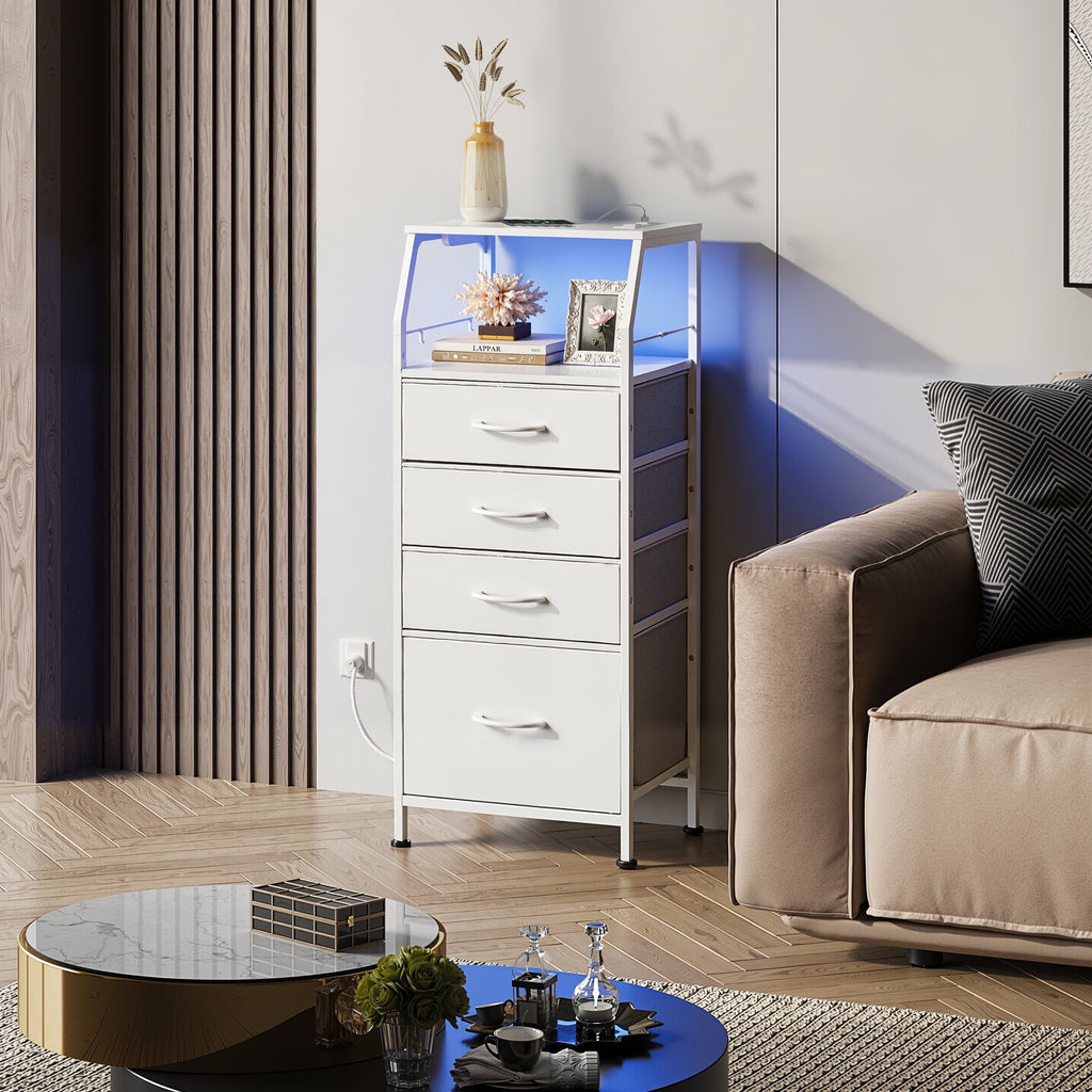 GALAXHERO Nightstand with Charging Station and LED, White Tall Night Stand, 4 Drawers Bedside Table with Storage Shelfs for Bedroom, Living Room